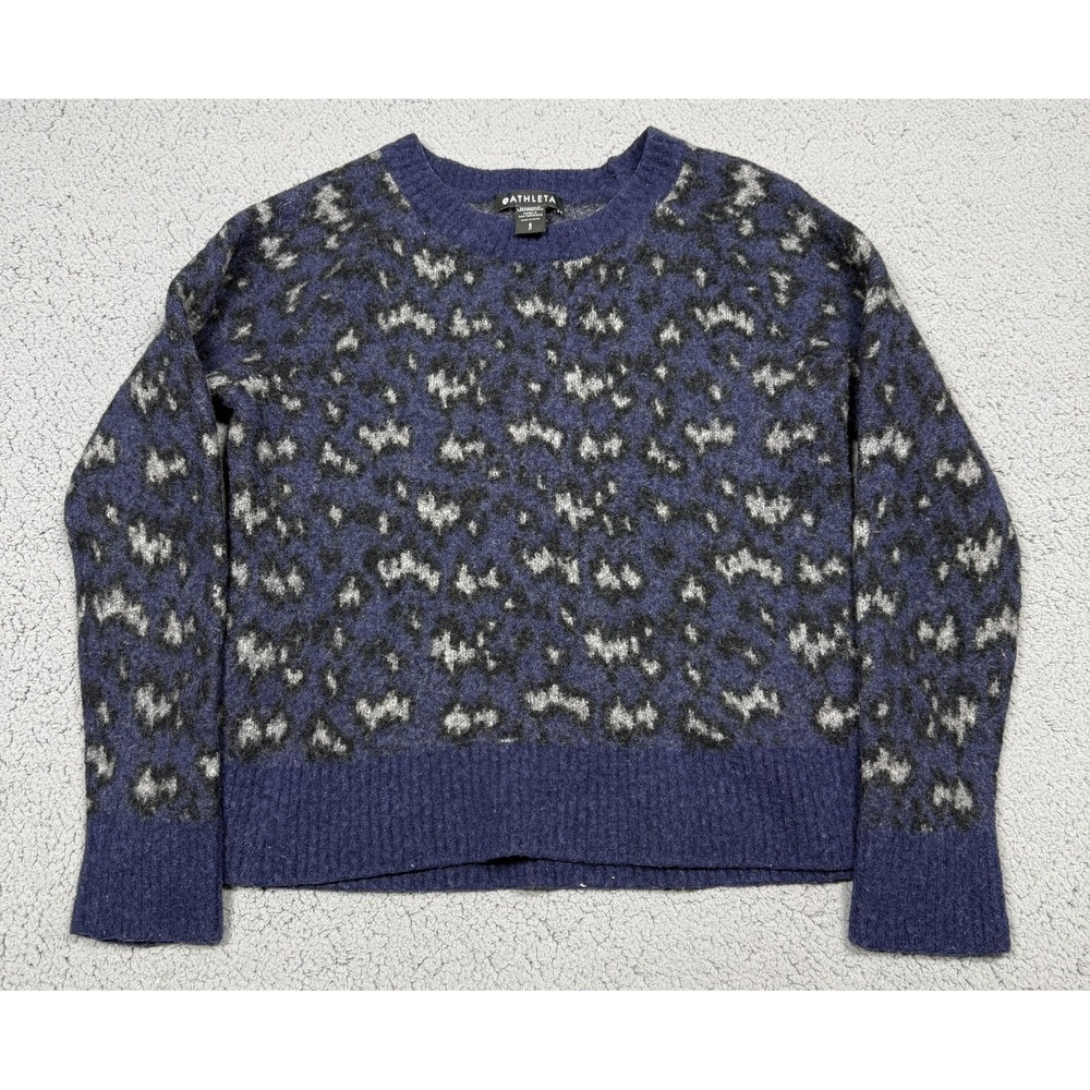 Athleta Sweater Womens Small Petite Blue Hawthorn Crew Merino Wool Leopard - Picture 1 of 7
